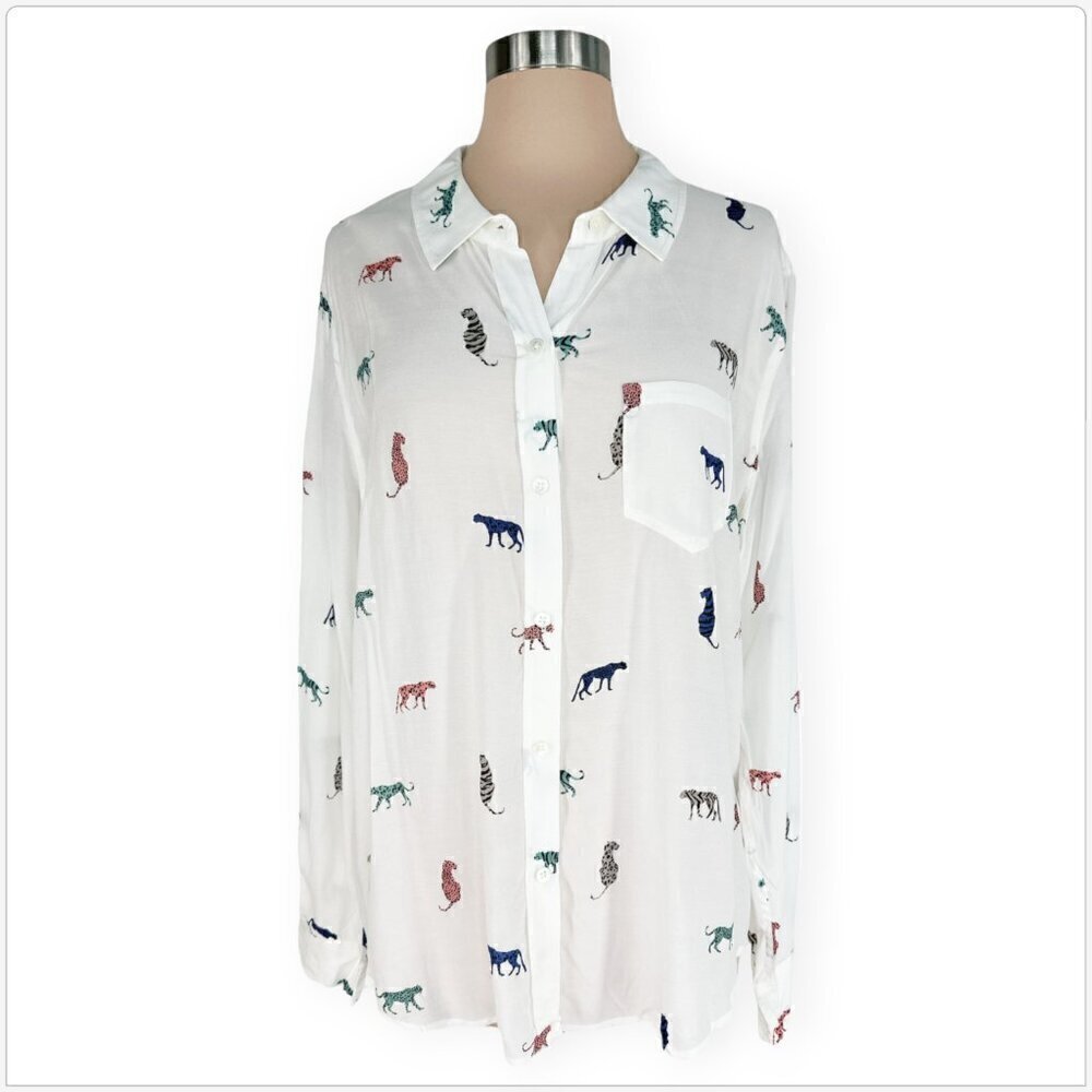 Rails Kathryn Multi Wild Cats Button Front Shirt Animal Print White NWT New XL - Picture 5 of 7
